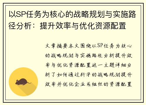 以SP任务为核心的战略规划与实施路径分析：提升效率与优化资源配置